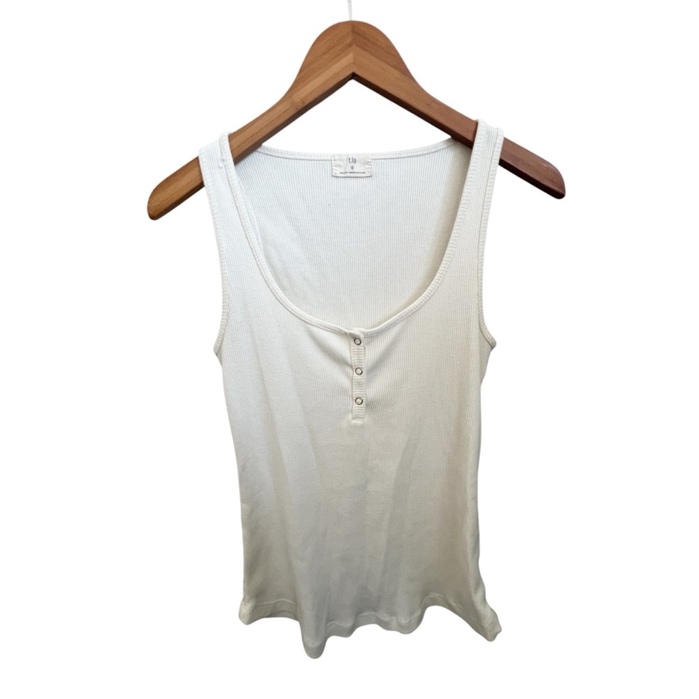 Anthropologie T.la Ivory Ribbed Henley Tank Gold Snap Buttons Size Small - Picture 2 of 6